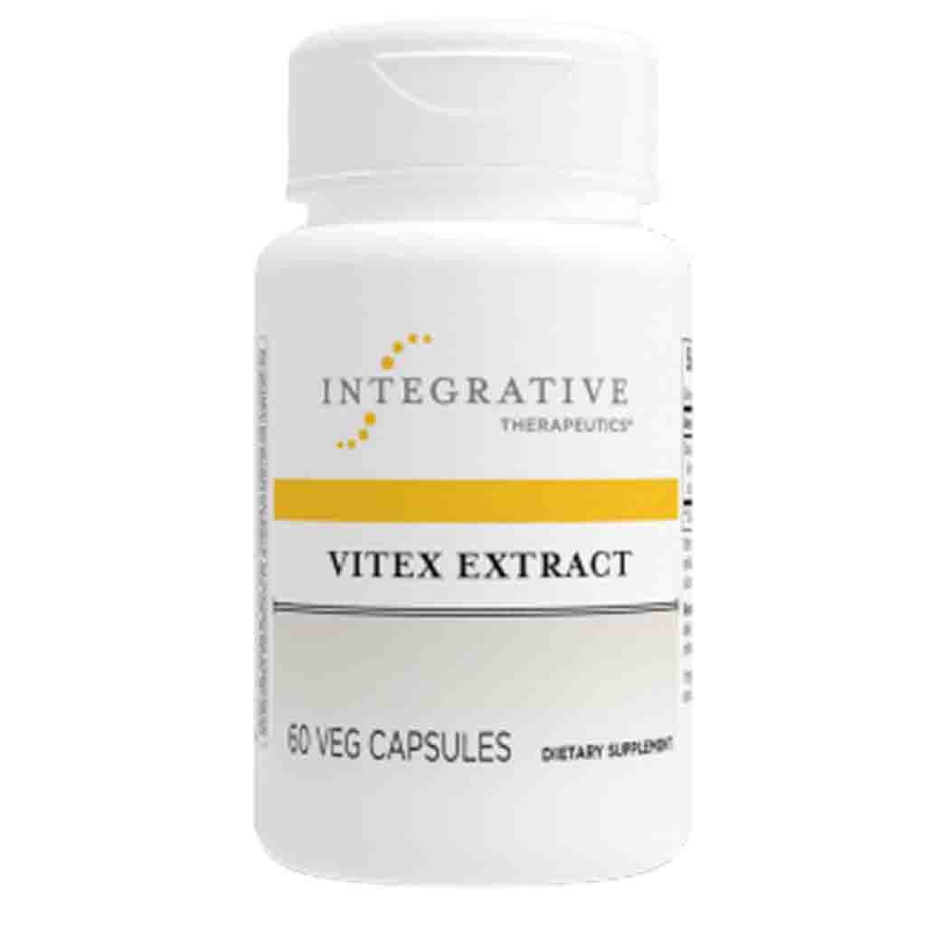 A white plastic bottle of Integrative Therapeutics Vitex Extract dietary supplement capsules, featuring a white label with a yellow horizontal stripe and black text.