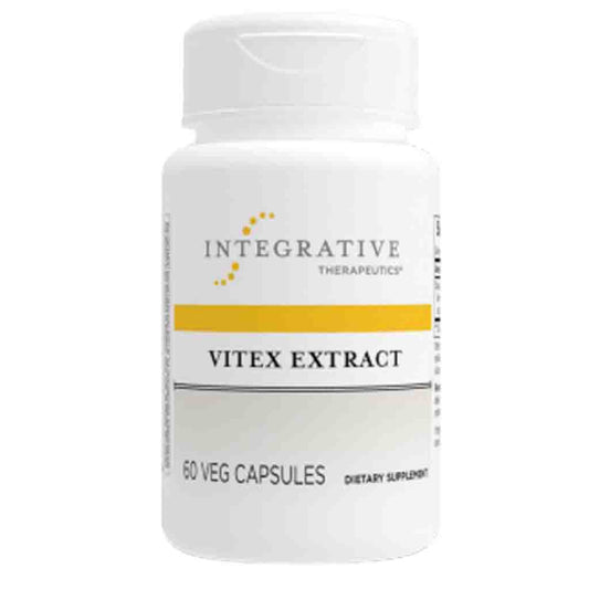 A white plastic bottle of Integrative Therapeutics Vitex Extract dietary supplement capsules, featuring a white label with a yellow horizontal stripe and black text.