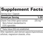A close-up of a supplement facts label showing Chaste Tree (Vitex agnus-castus) 225 mg and Berry Extract standardized to 0.5% agnusides, with other ingredients listed below on a white background.