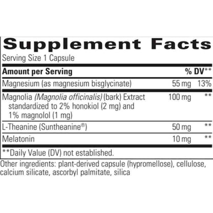 A close-up of a supplement facts label showing a capsule's ingredients and dosages, including Magnolia bark extract (100 mg), L-Theanine (50 mg), and Melatonin (10 mg), on a white background.