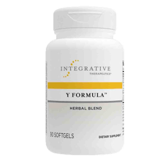 A white plastic bottle of Integrative Therapeutics Y Formula Herbal Blend dietary supplement, containing 90 softgels, shown on a plain white background.