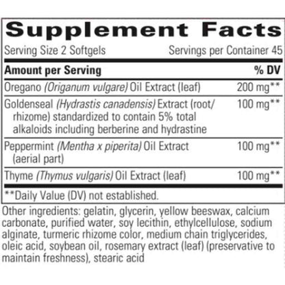 A close-up of a supplement facts label showing serving size 2 softgels and a 45 count per container. The label lists active ingredients including Oregano oil extract (200 mg), Goldenseal extract (100 mg), Peppermint oil extract (100 mg), and Thyme oil extract (100 mg), with a note that daily value is not established.