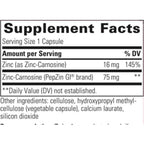 A close-up of a supplement facts label showing Zinc (as Zinc-Carnosine) at 16 mg (145% DV) and Zinc-Carnosine (PepZin GI brand) at 75 mg, with other ingredients listed below on a white background.