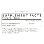 Supplement facts label for BPC delayed capsules on a white background