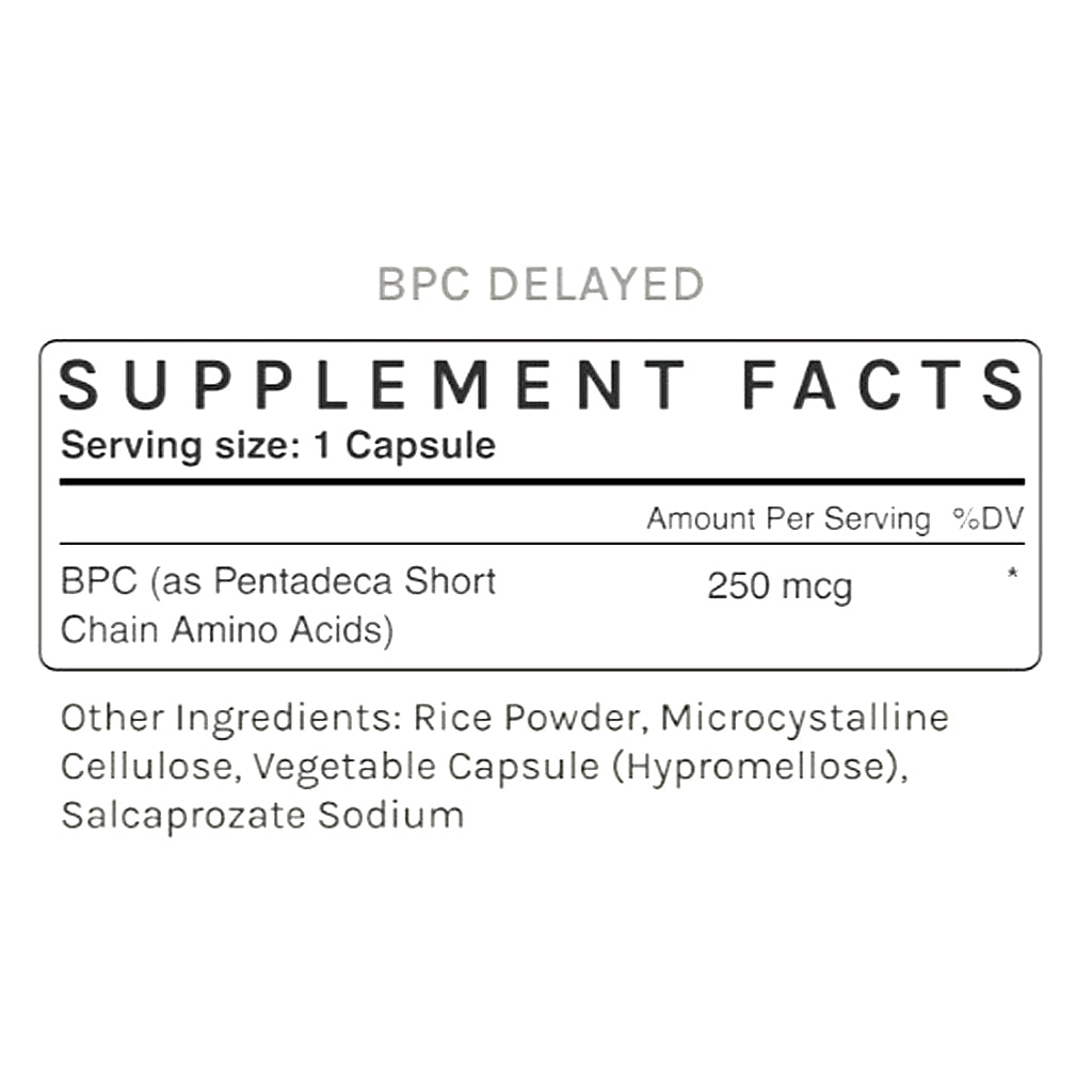 Supplement facts label for BPC delayed capsules on a white background