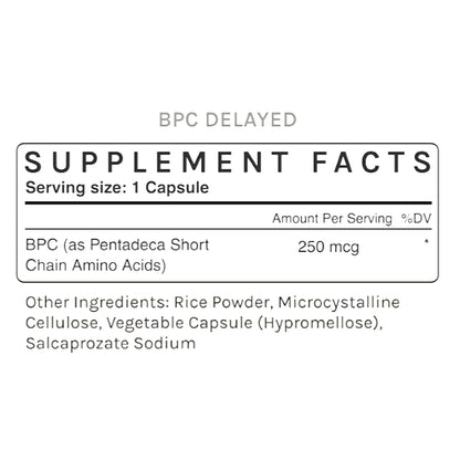 Supplement facts label for BPC delayed capsules on a white background