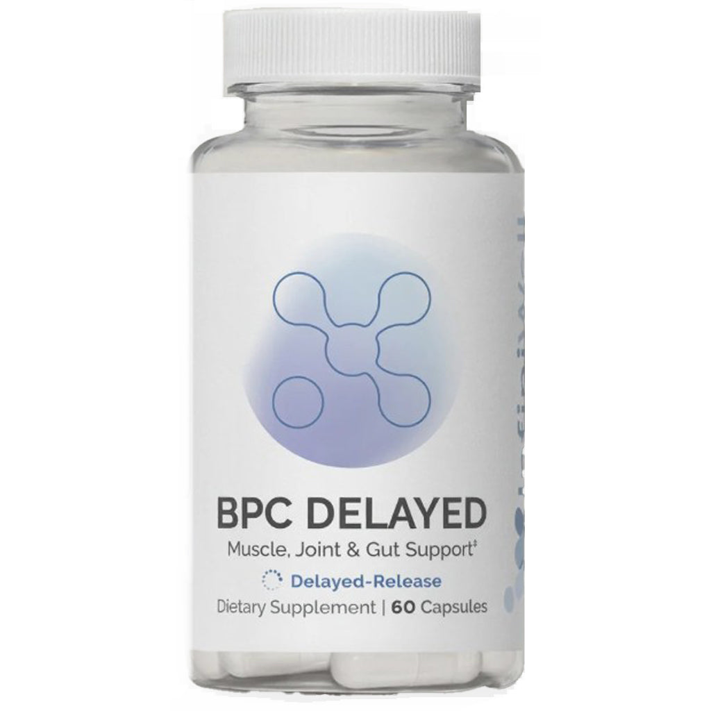 Supplement bottle labeled 'BPC Delayed' for muscle, joint, and gut support on a white background.