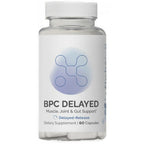Supplement bottle labeled 'BPC Delayed' for muscle, joint, and gut support on a white background.