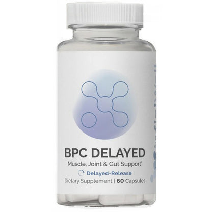 Supplement bottle labeled 'BPC Delayed' for muscle, joint, and gut support on a white background.