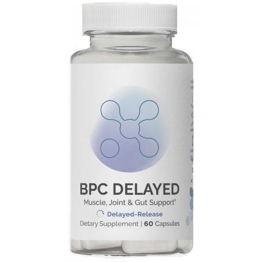 Supplement bottle labeled 'BPC Delayed' for muscle, joint, and gut support on a white background.