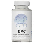 Supplement bottle labeled 'BPC' for muscle, joint, and gut support on a white background