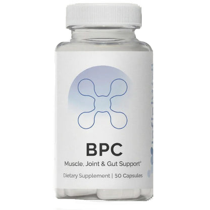 Supplement bottle labeled 'BPC' for muscle, joint, and gut support on a white background