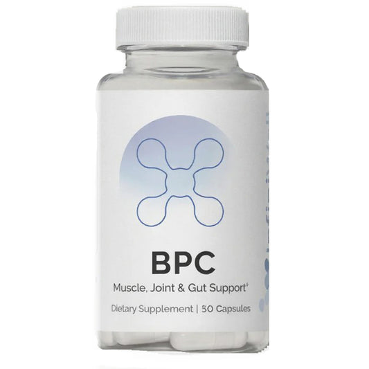 Supplement bottle labeled 'BPC' for muscle, joint, and gut support on a white background