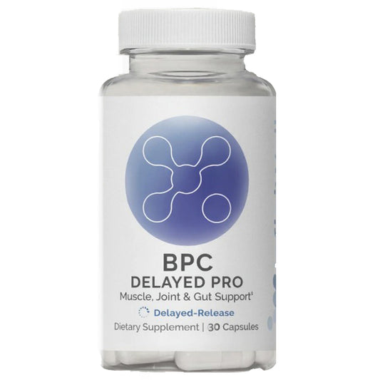 Supplement bottle labeled 'BPC Delayed Pro' on a white background