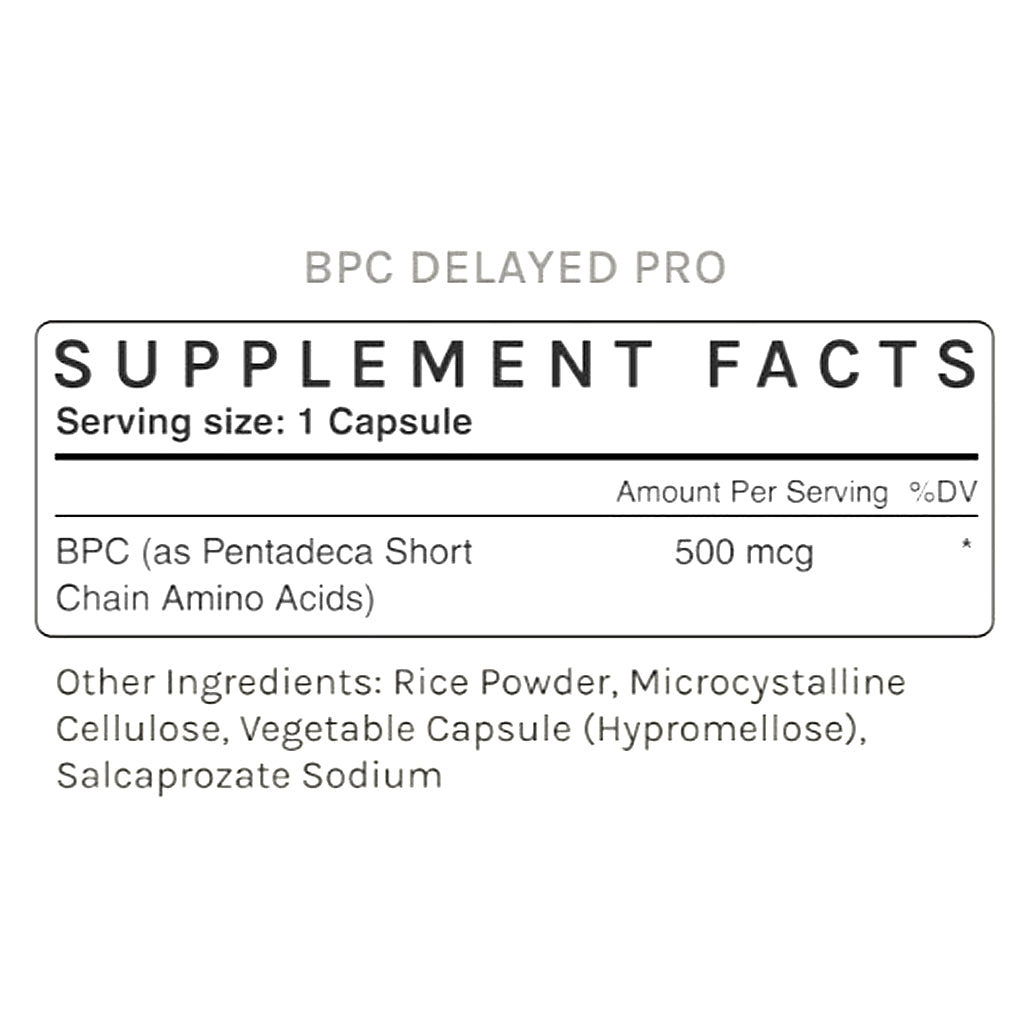Supplement facts label for BPC Delayed Pro on a white background