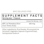 Supplement facts label for BPC Delayed Pro on a white background
