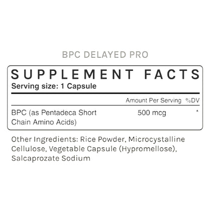 Supplement facts label for BPC Delayed Pro on a white background