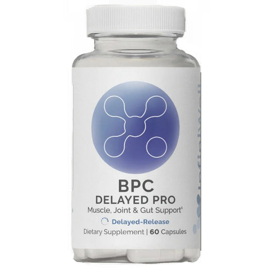 Supplement bottle labeled 'BPC Delayed Pro' on a white background