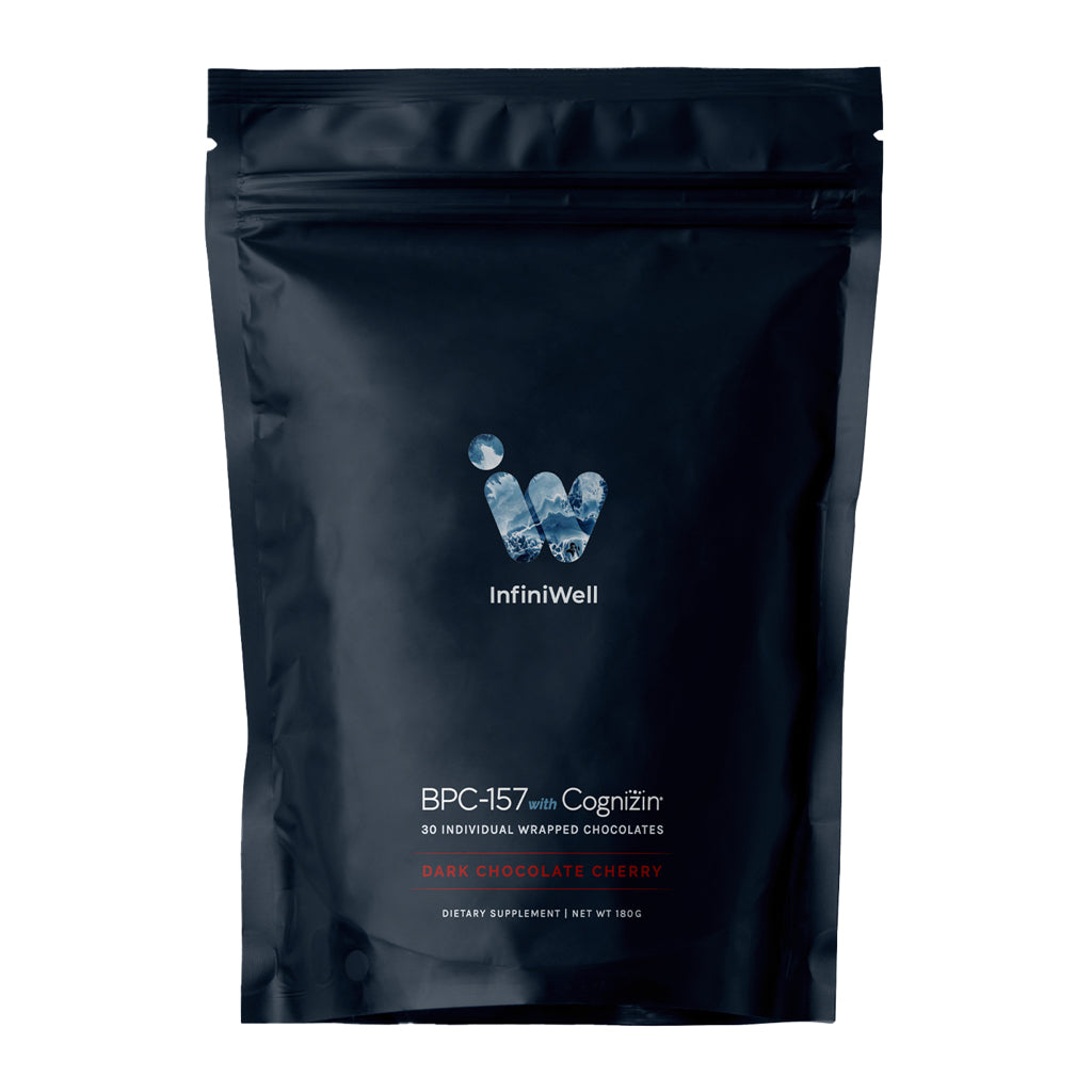 InfiniWell BPC-157 Smart chocolate, brain function support, DNA repair, attention and focus, alertness, front label 