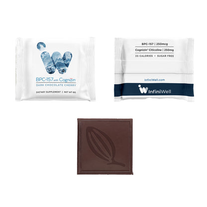 InfiniWell BPC-157 Smart chocolate, product label, brain function support, attention and focus, alertness, DNA repair 