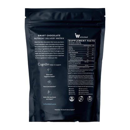 InfiniWell BPC-157 Smart chocolate, ingredient label, brain function support, DNA repair, attention and focus, alertness