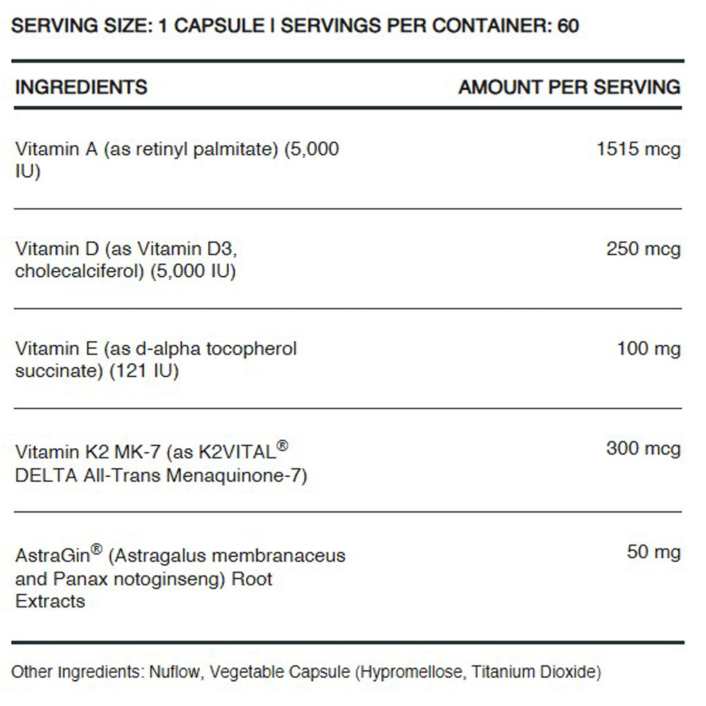 InfiniWell Defend Pro ingredient label, immune, heart and bone support