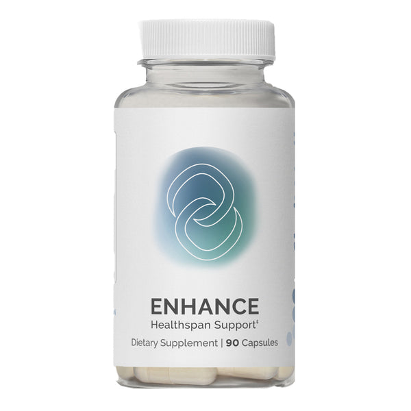 InfiniWell ENHANCE supports mitochondrial health, stamina, energy, endurance, cellular renewal, front label