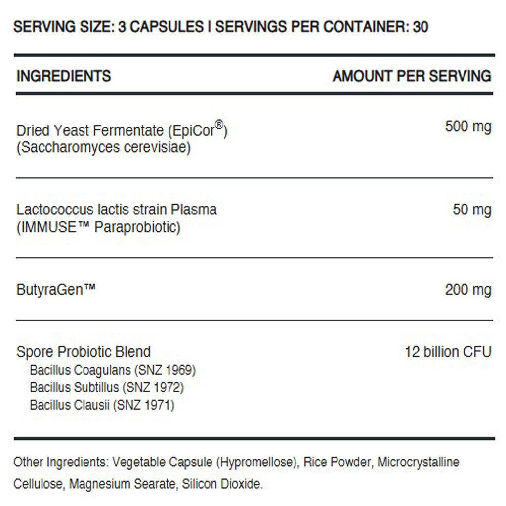 InfiniWell GI Prime ingredient label, pre/pro/post biotics, immune and gut support, overall digestive support