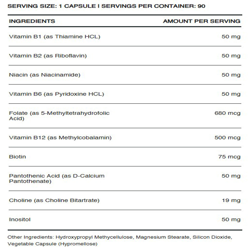 InfiniWell Methylated B-Complex supports the nervous system, ingredient label, immune and adrenal health