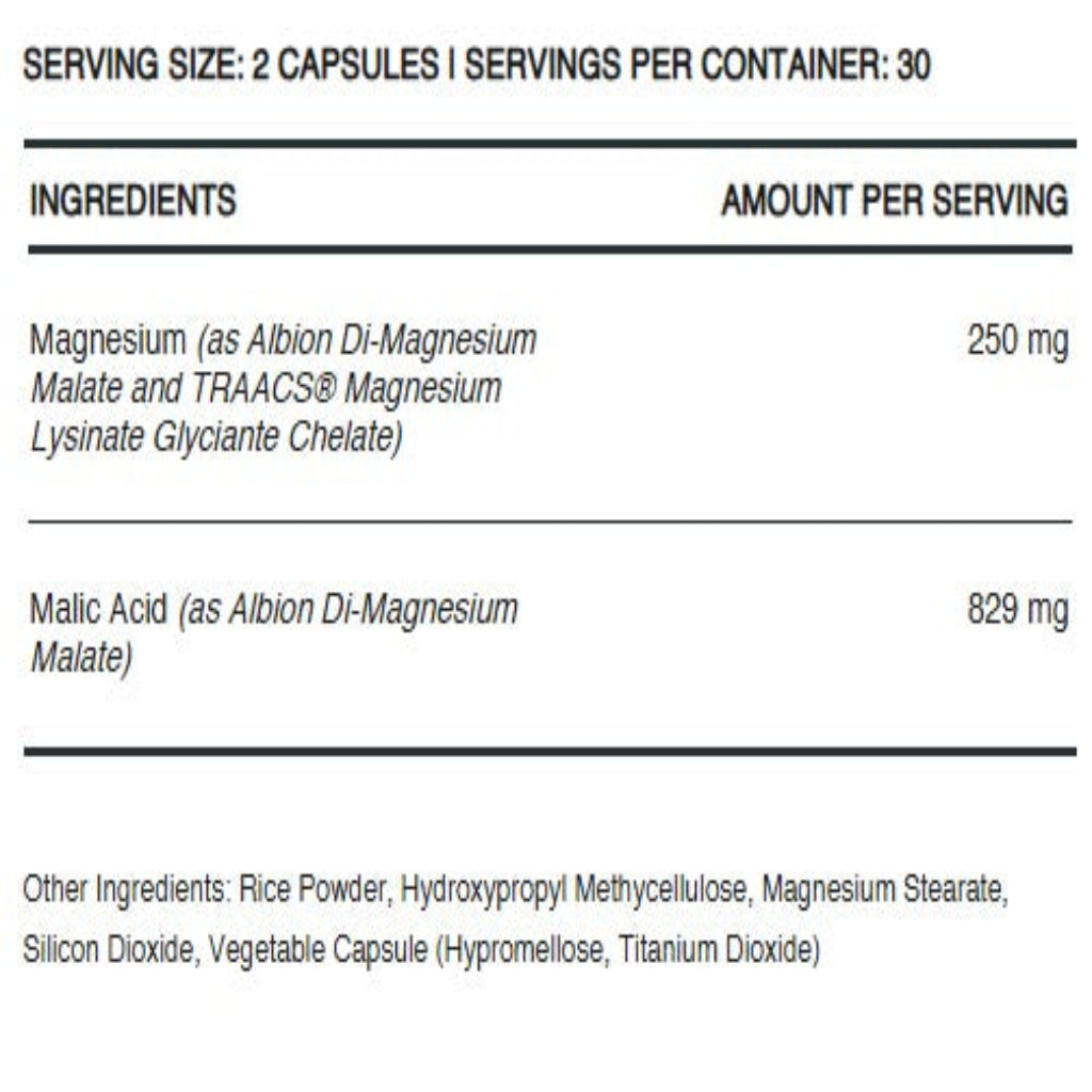 InfiniWell Activate Magnesium ingredients label, magnesium, malic acid, sleep, brain, muscle, cardiovascular. 