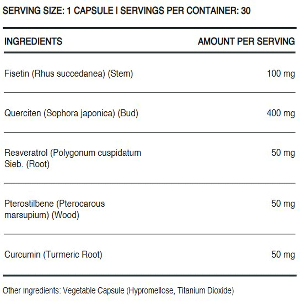 InfiniWell Senolytic supports healthy longevity, ingredient label, healthy aging, maintain healthy senescent cells
