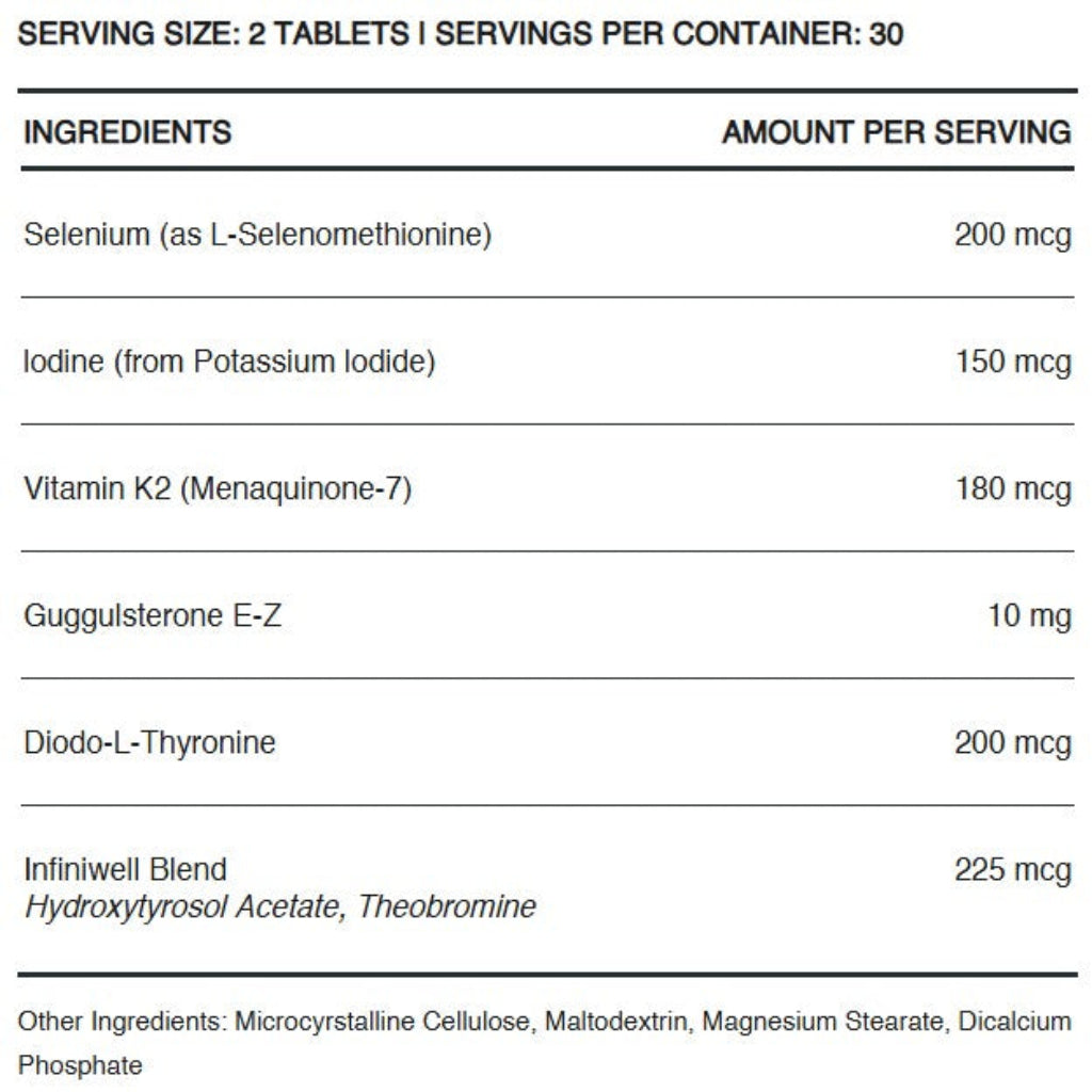 InfiniWell Thyroid + support thyroid function, ingredient label, t4 and t3 conversion, healthy inflammatory response