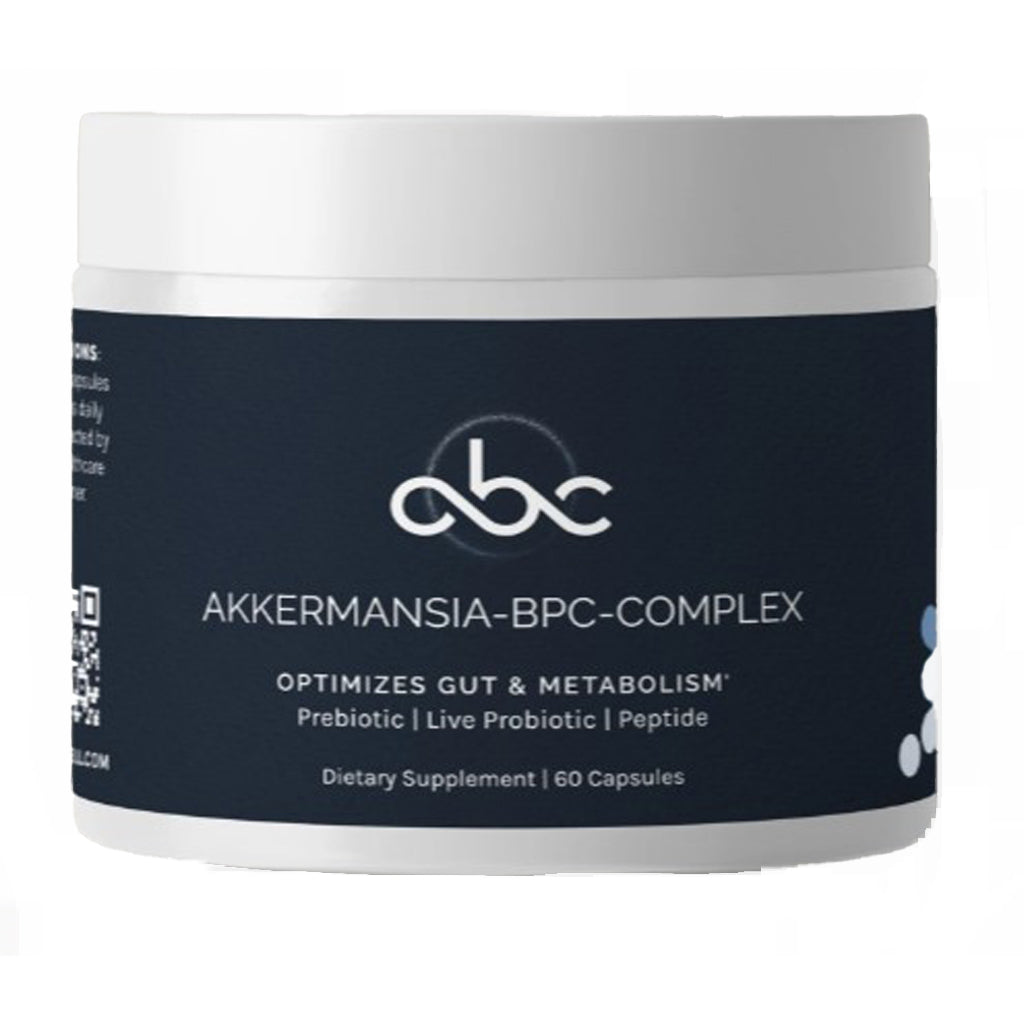 Supplement container labeled 'Akkermansia-BPC-Complex' with a white label on a white background
