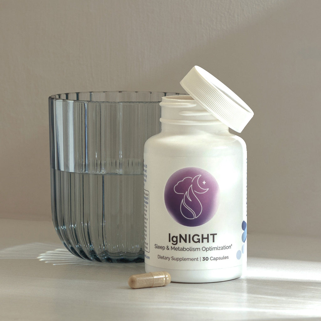 InfiniWell IgNIGHT product label, promote leaner body composition, for deep REM sleep, restorative sleep support, encourage calorie burn