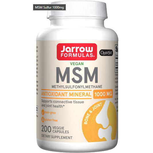 This image features a bottle of Jarrow Formulas MSM 1,000mg dietary supplement, designed to support joint strength. The bottle is white with a label that prominently displays the product name and its dosage.