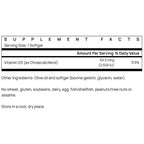 Supplement facts label for a vitamin D3 supplement with serving size, amount per serving, and other ingredients listed.