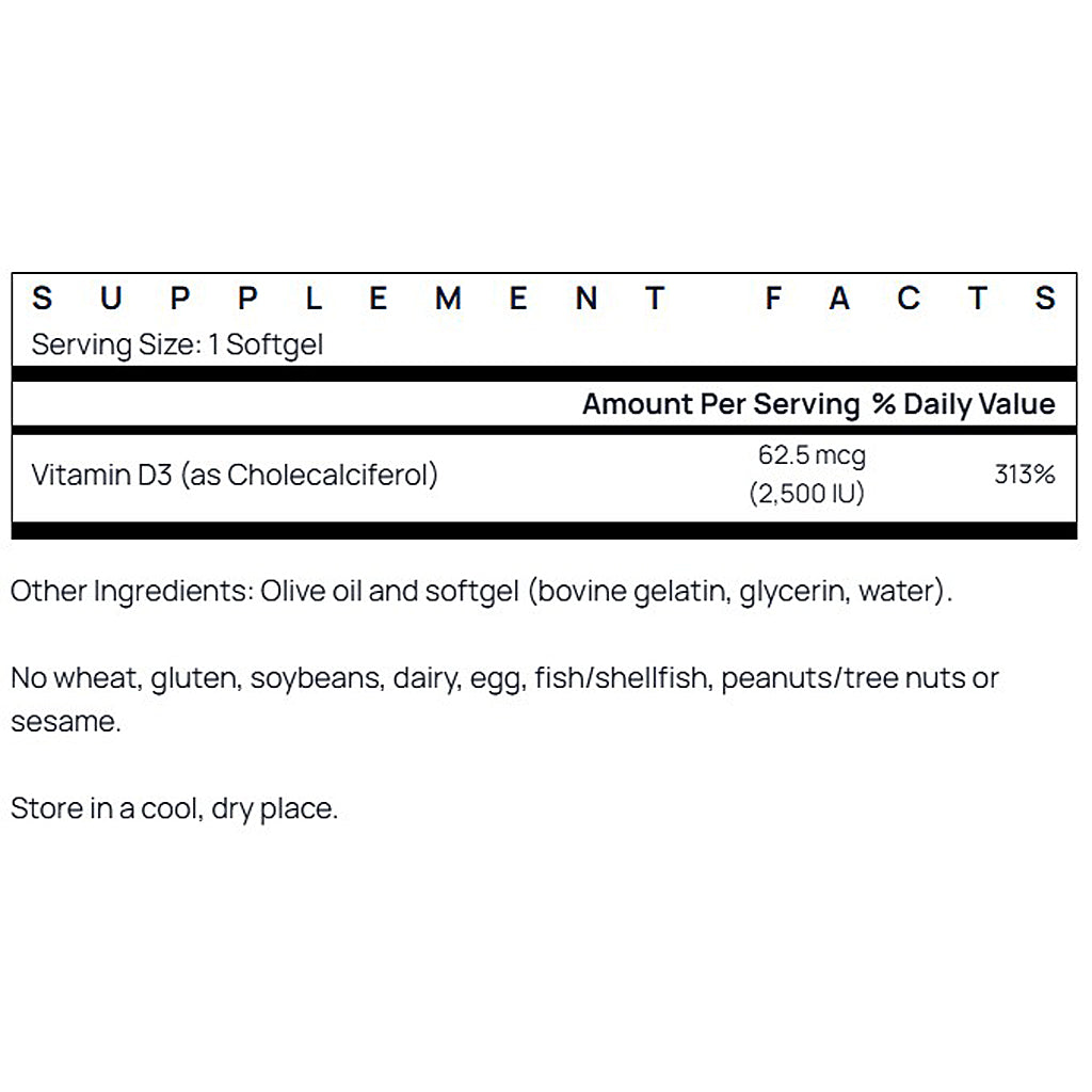 Supplement facts label for a vitamin D3 supplement with serving size, amount per serving, and other ingredients listed.