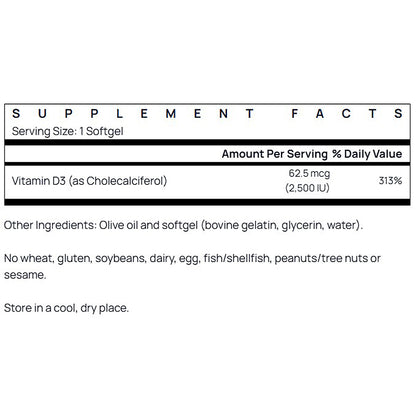 Supplement facts label for a vitamin D3 supplement with serving size, amount per serving, and other ingredients listed.