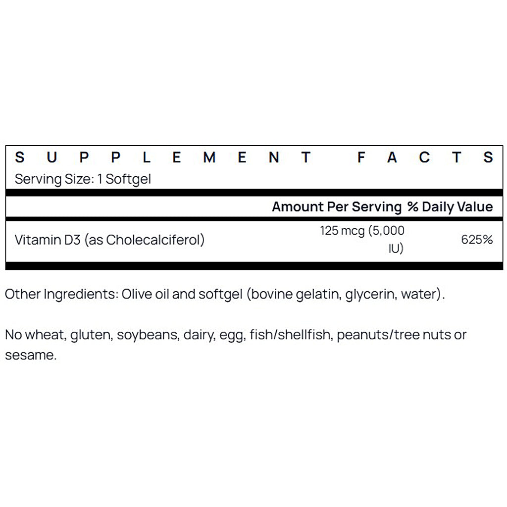 Supplement facts label for a vitamin D3 supplement on a white background