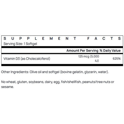 Supplement facts label for a vitamin D3 supplement on a white background