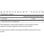 Supplement facts label for L-Tyrosine capsules with serving size and ingredient details.