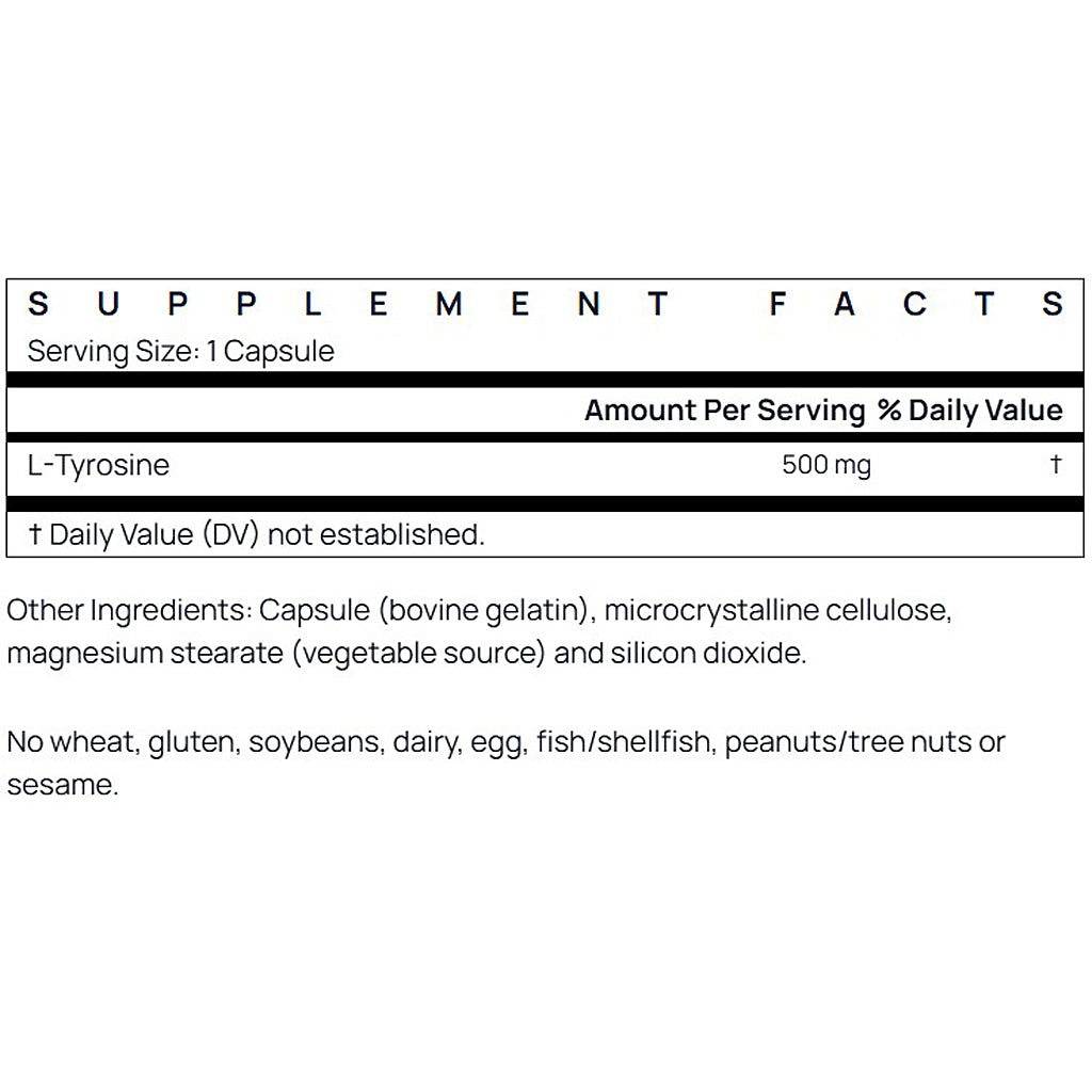 Supplement facts label for L-Tyrosine capsules with serving size and ingredient details.