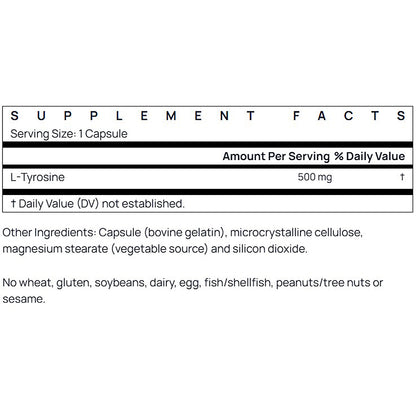 Supplement facts label for L-Tyrosine capsules with serving size and ingredient details.