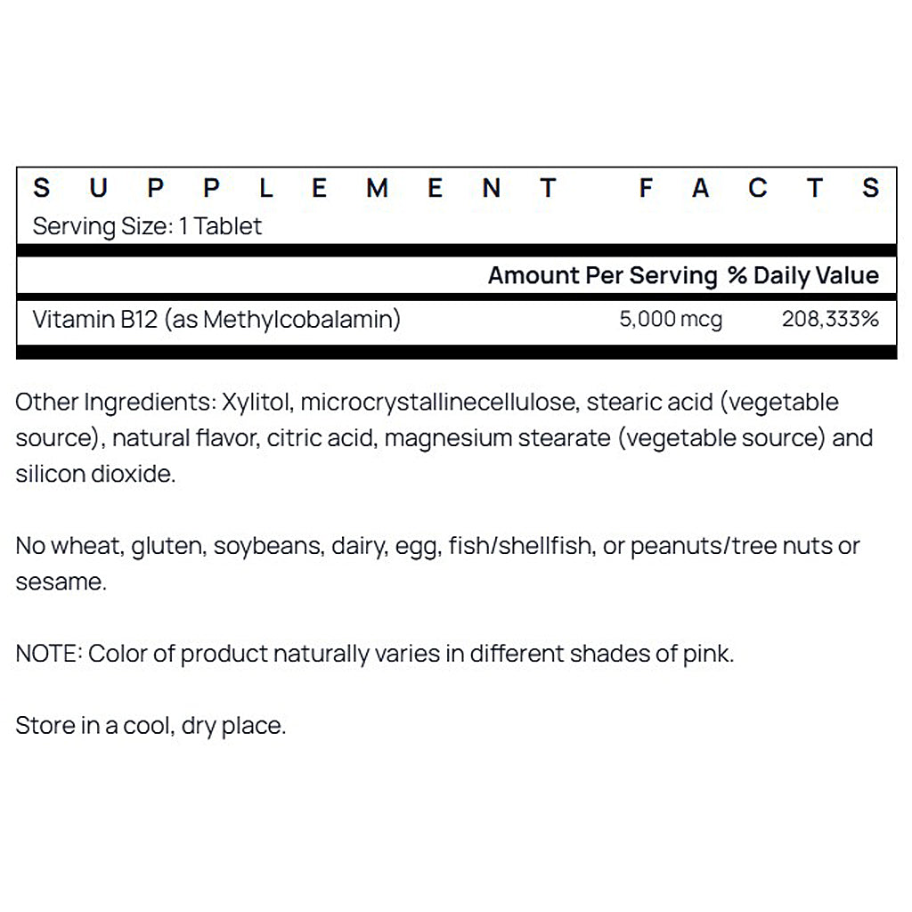 Supplement facts label for a vitamin B12 supplement on a white background