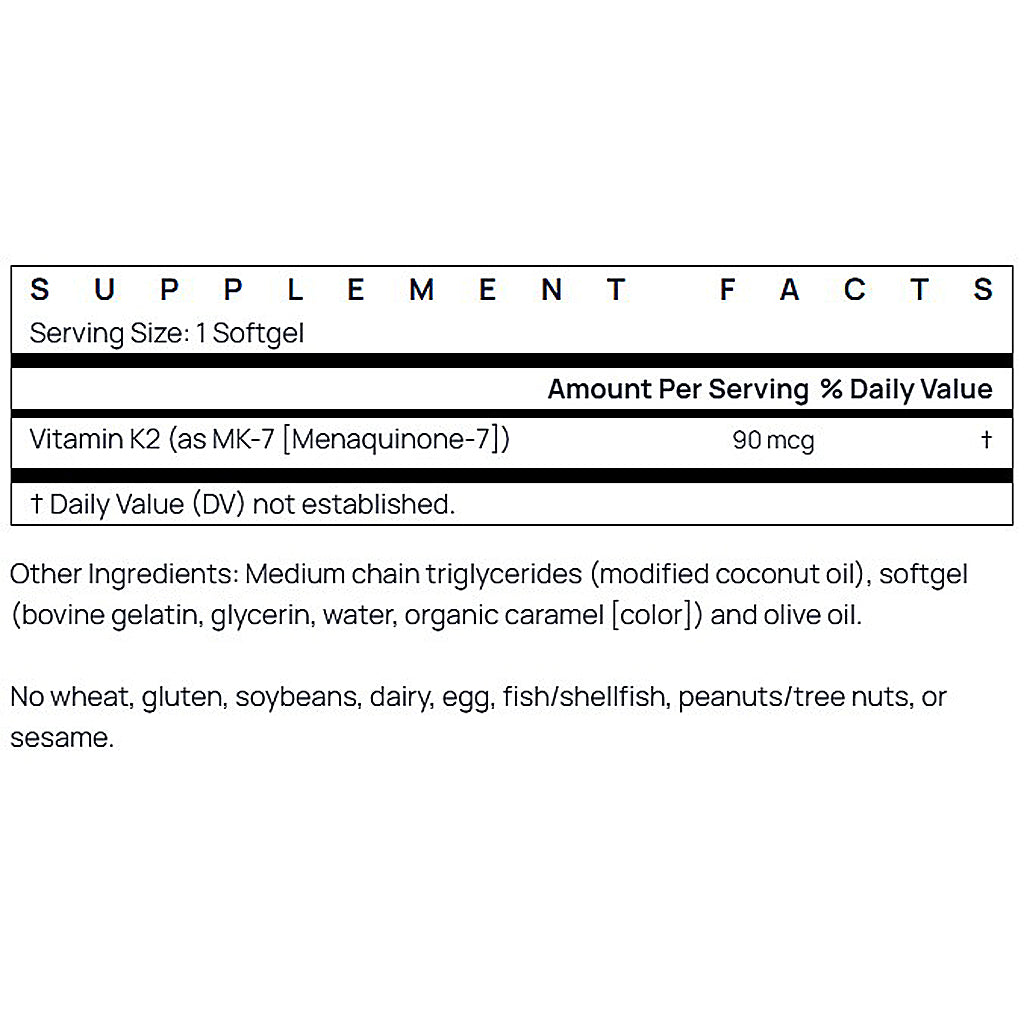 Supplement facts label for Vitamin K2 with serving size and ingredient list on a white background.