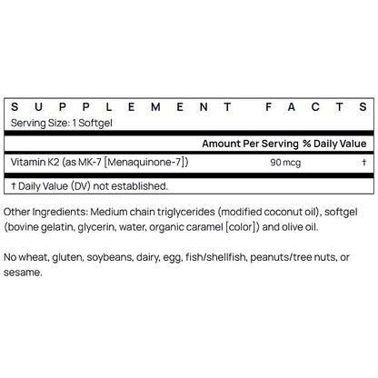 Supplement facts label for Vitamin K2 with serving size and ingredient list on a white background.
