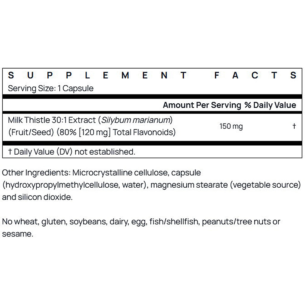 Supplement facts label for a Milk Thistle supplement on a white background