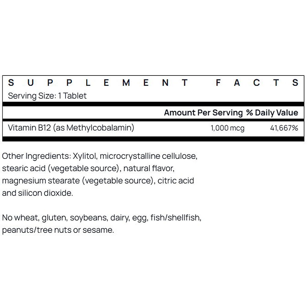 Supplement facts label for a Vitamin B12 supplement on a white background