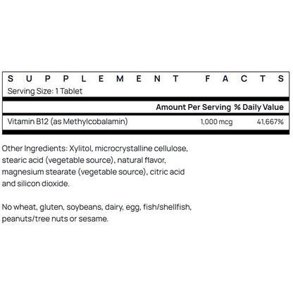 Supplement facts label for a Vitamin B12 supplement on a white background
