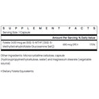 Supplement facts label for a capsule with folate content on a white background